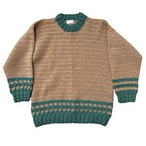 Vintage Hand Crochet Chunky Knit Sweater Tan Green Heavyweight Cottagecore Retro